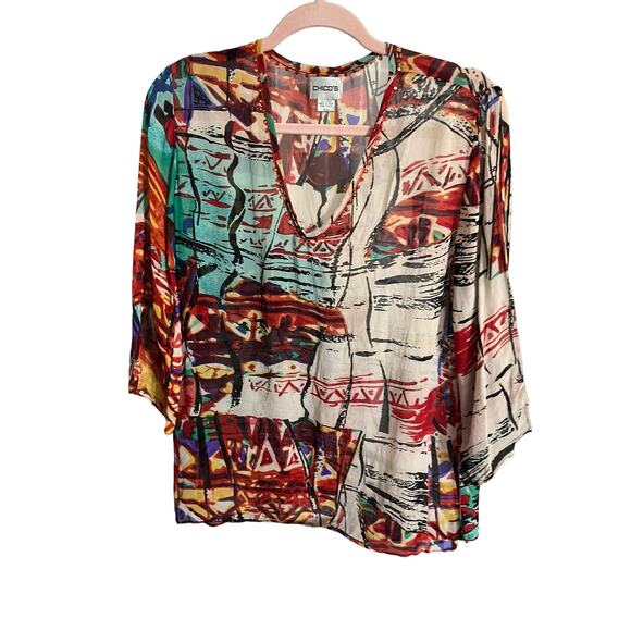Chico's 100% silk lightweight sheer top 3/4 sleeve v-neck embroidered size 0 S - Picture 1 of 6